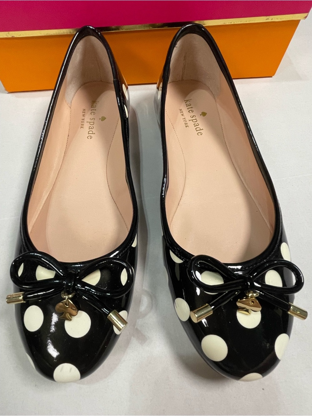 KATE SPADE |Pomona Black and White Polka Dot Patent Ballet Flats with Bow | 7
